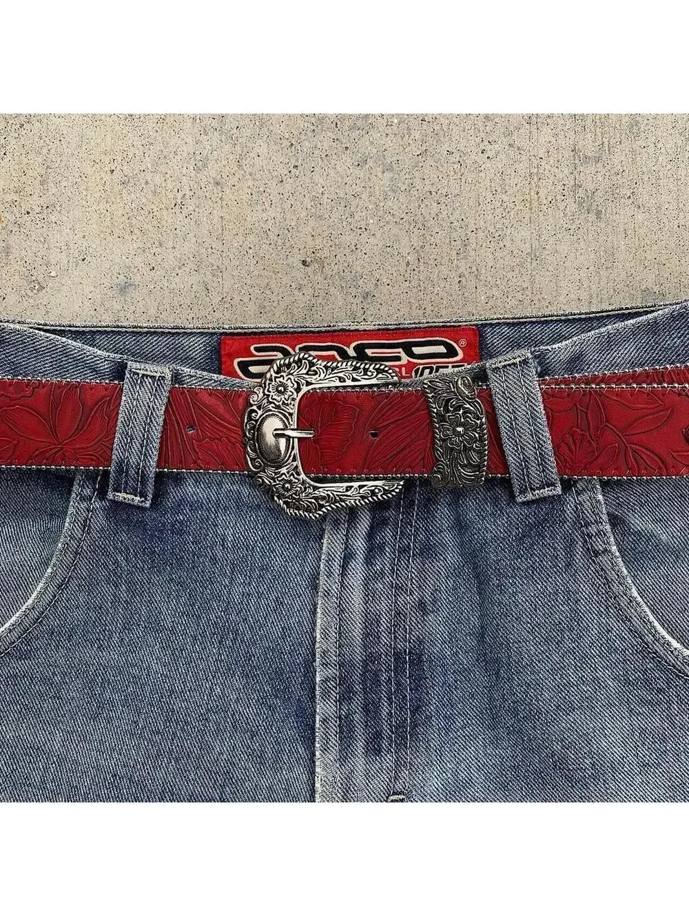 Red Western Floral belt with silver belt buckle. 38 inches length